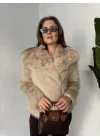 Kadın Bej Kürk Mont Kışlık Peluş Şık Model