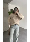 Kadın Bej Saç Örgü Triko Kazak Bisiklet Yaka Kışlık