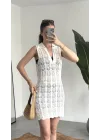 Kadın Beyaz Ajurlu Triko Plaj Elbisesi Yakalı Kolsuz Mini Yazlık Pareo Elbise
