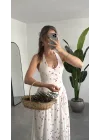 Kadın Beyaz Kiraz Desenli Sırt Dekolteli Halter Yaka Midi Elbise Yazlık Viskon Elbise