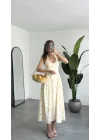 Kadın Beyaz Limon Desenli Sırt Dekolteli Halter Yaka Midi Elbise Yazlık Viskon Astarlı Günlük Tatil Elbisesi