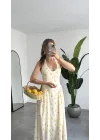 Kadın Beyaz Limon Desenli Sırt Dekolteli Halter Yaka Midi Elbise Yazlık Viskon Astarlı Günlük Tatil Elbisesi