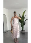 Kadın Beyaz Çiçek Desenli Midi Astarlı Elbise Askılı Gipeli Sırt Detaylı Yazlık Pamuklu Günlük Tatil Elbisesi