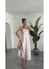 Kadın Beyaz Çiçek Desenli Midi Astarlı Elbise Askılı Gipeli Sırt Detaylı Yazlık Pamuklu Günlük Tatil Elbisesi