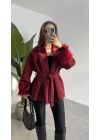 Kadın Bordo Kemerli Kolları Kürk Detaylı Kaşe Kaban Kışlık