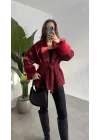Kadın Bordo Kemerli Kolları Kürk Detaylı Kaşe Kaban Kışlık