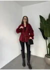Kadın Bordo Kemerli Kolları Kürk Detaylı Kaşe Kaban Kışlık