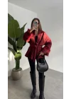 Kadın Bordo Kemerli Kolları Kürk Detaylı Kaşe Kaban Kışlık