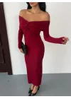 Kadın Bordo Madonna Yaka Düğümlü Uzun Kollu Midi Boy Elbise