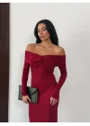 Kadın Bordo Madonna Yaka Düğümlü Uzun Kollu Midi Boy Elbise