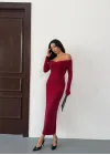Kadın Bordo Madonna Yaka Düğümlü Uzun Kollu Midi Boy Elbise