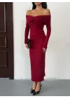 Kadın Bordo Madonna Yaka Düğümlü Uzun Kollu Midi Boy Elbise