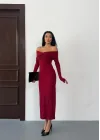 Kadın Bordo Madonna Yaka Düğümlü Uzun Kollu Midi Boy Elbise