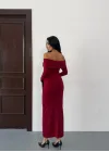 Kadın Bordo Madonna Yaka Düğümlü Uzun Kollu Midi Boy Elbise