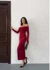 Kadın Bordo Madonna Yaka Düğümlü Uzun Kollu Midi Boy Elbise