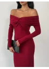 Kadın Bordo Madonna Yaka Düğümlü Uzun Kollu Midi Boy Elbise
