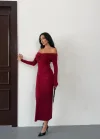 Kadın Bordo Madonna Yaka Düğümlü Uzun Kollu Midi Boy Elbise