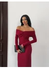 Kadın Bordo Madonna Yaka Düğümlü Uzun Kollu Midi Boy Elbise