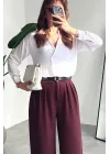 Kadın Bordo Pileli Yüksek Bel Bol Paça Ekstra Bol Palazzo Kumaş Pantolon