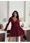 Kadın Bordo Şortlu V Yaka Uzun Kollu Elbise