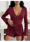 Kadın Bordo Şortlu V Yaka Uzun Kollu Elbise
