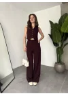 Kadın Bordo Taşlı Pırıltılı Yüksek Bel Bol Paça Pileli Palazzo Pantolon