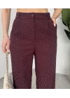 Kadın Bordo Taşlı Pırıltılı Yüksek Bel Bol Paça Pileli Palazzo Pantolon