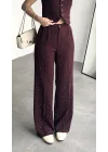 Kadın Bordo Taşlı Pırıltılı Yüksek Bel Bol Paça Pileli Palazzo Pantolon