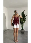 Kadın Bordo Volan Detaylı Askılı Bluz Salaş Şifon Görünümlü Fırfırlı Bluz