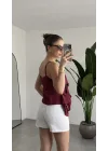 Kadın Bordo Volan Detaylı Askılı Bluz Salaş Şifon Görünümlü Fırfırlı Bluz