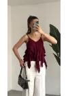 Kadın Bordo Volan Detaylı Askılı Bluz Salaş Şifon Görünümlü Fırfırlı Bluz