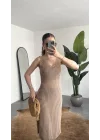 Kadın Vizon File Örgü Triko Plaj Elbisesi Yırtmaç Detaylı Uzun Pareo Elbise Yazlık Beachwear