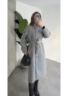Kadın Gri Dik Yaka Kemerli Kaşe Kaban Uzun Kışlık