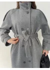 Kadın Gri Dik Yaka Kemerli Kaşe Kaban Uzun Kışlık