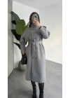 Kadın Gri Dik Yaka Kemerli Kaşe Kaban Uzun Kışlık