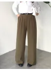 Kadın Haki Pileli Yüksek Bel Bol Paça Ekstra Bol Palazzo Kumaş Pantolon