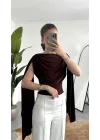 Kadın Kahverengi Degaje Yaka Pelerin Detaylı Drapeli Bluz