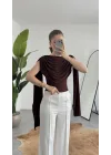 Kadın Kahverengi Degaje Yaka Pelerin Detaylı Drapeli Bluz