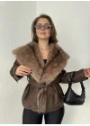 Kadın Kahverengi Kemerli Kürk Yaka Deri Ceket Kışlık