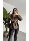 Kadın Kahverengi Kemerli Kürk Yaka Deri Ceket Kışlık