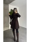 Kadın Kahverengi Kuşaklı Kürk Yakalı Kaşe Kaban