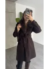 Kadın Kahverengi Kuşaklı Kürk Yakalı Kaşe Kaban