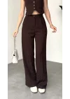 Kadın Kahverengi Taşlı Pırıltılı Yüksek Bel Bol Paça Pileli Palazzo Pantolon