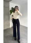 Kadın Kemerli Yüksek Bel Geniş Paça Kumaş Pantolon Lacivert