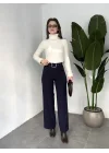 Kadın Kemerli Yüksek Bel Geniş Paça Kumaş Pantolon Lacivert
