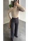 Kadın Kemerli Yüksek Bel Geniş Paça Kumaş Pantolon Antrasit