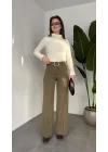 Kadın Kemerli Yüksek Bel Geniş Paça Kumaş Pantolon Haki