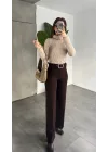 Kadın Kemerli Yüksek Bel Geniş Paça Kumaş Pantolon Kahverengi
