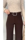 Kadın Kemerli Yüksek Bel Geniş Paça Kumaş Pantolon Kahverengi