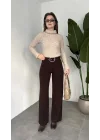 Kadın Kemerli Yüksek Bel Geniş Paça Kumaş Pantolon Kahverengi